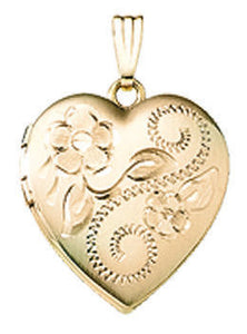 14K Yellow Gold 19mm Floral Heart Locket Pendant Charm Custom Engraved Personalized Monogram