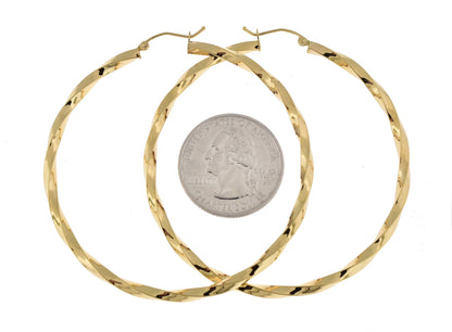14k yellow gold twisted modern classic round hoop earrings 60mm x 3mm