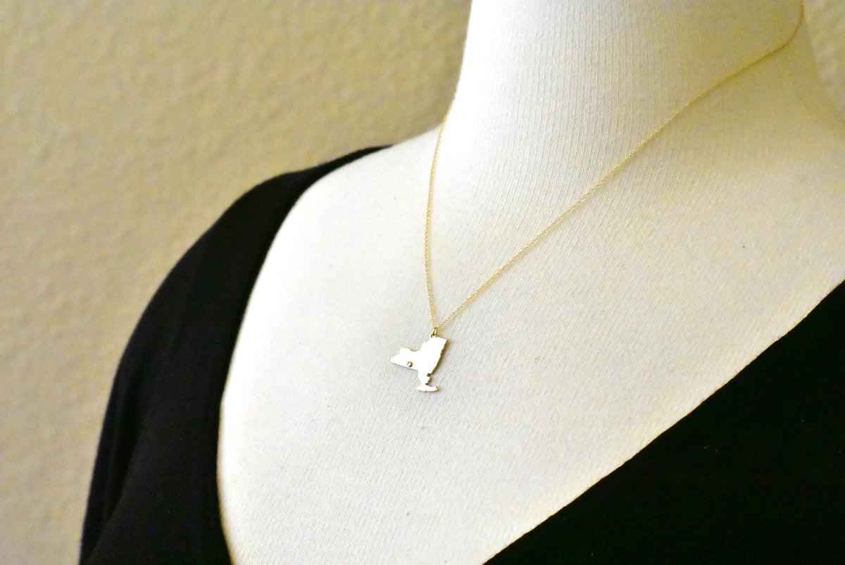 14k 10k yellow rose white gold diamond silver new york ny state map personalized city necklace