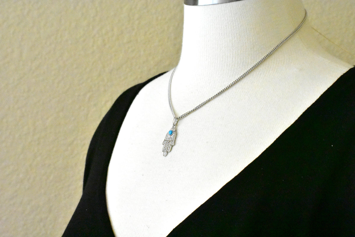 14k white gold turquoise hand of god hamsa chamseh pendant charm