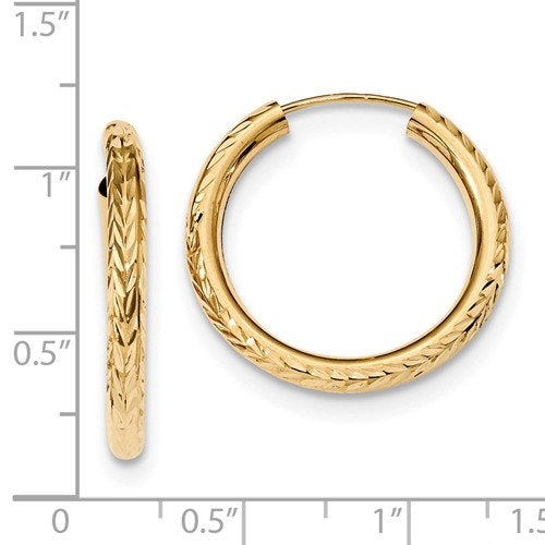 14k yellow gold diamond cut classic endless hoop earrings 24mm x 3mm