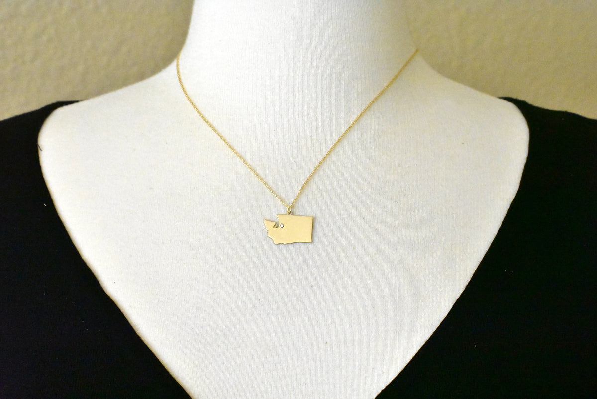 14k 10k yellow rose white gold diamond silver washington wa state map personalized city necklace