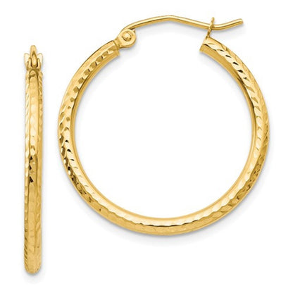 14k yellow gold diamond cut classic round hoop earrings 25mm x 2mm