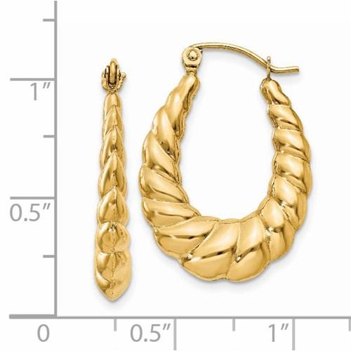 14k yellow gold shrimp scalloped twisted hollow classic hoop earrings 17mm