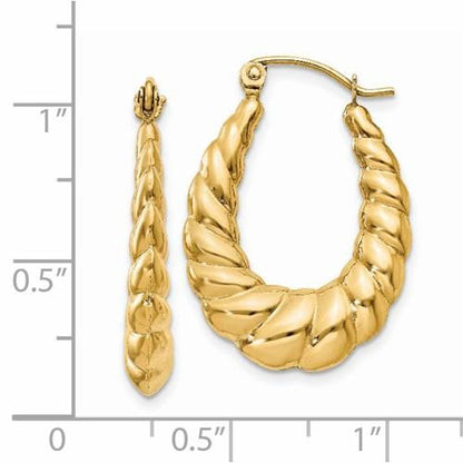 14k yellow gold shrimp scalloped twisted hollow classic hoop earrings 17mm