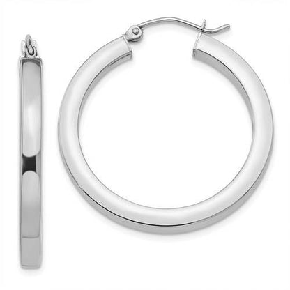 14k white gold square tube round hoop earrings 30mm x 3mm