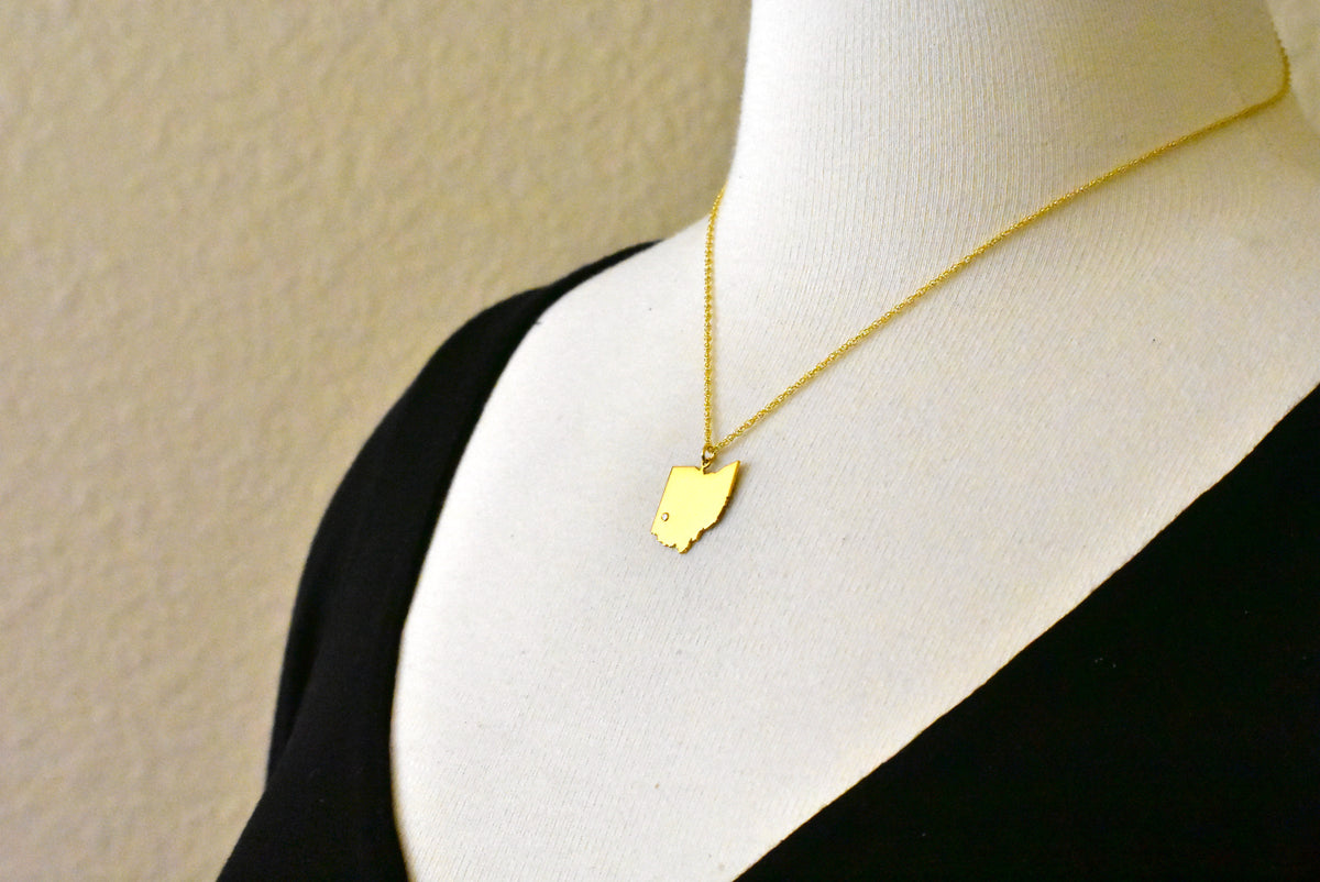 14k 10k yellow rose white gold diamond silver ohio oh state map personalized city necklace