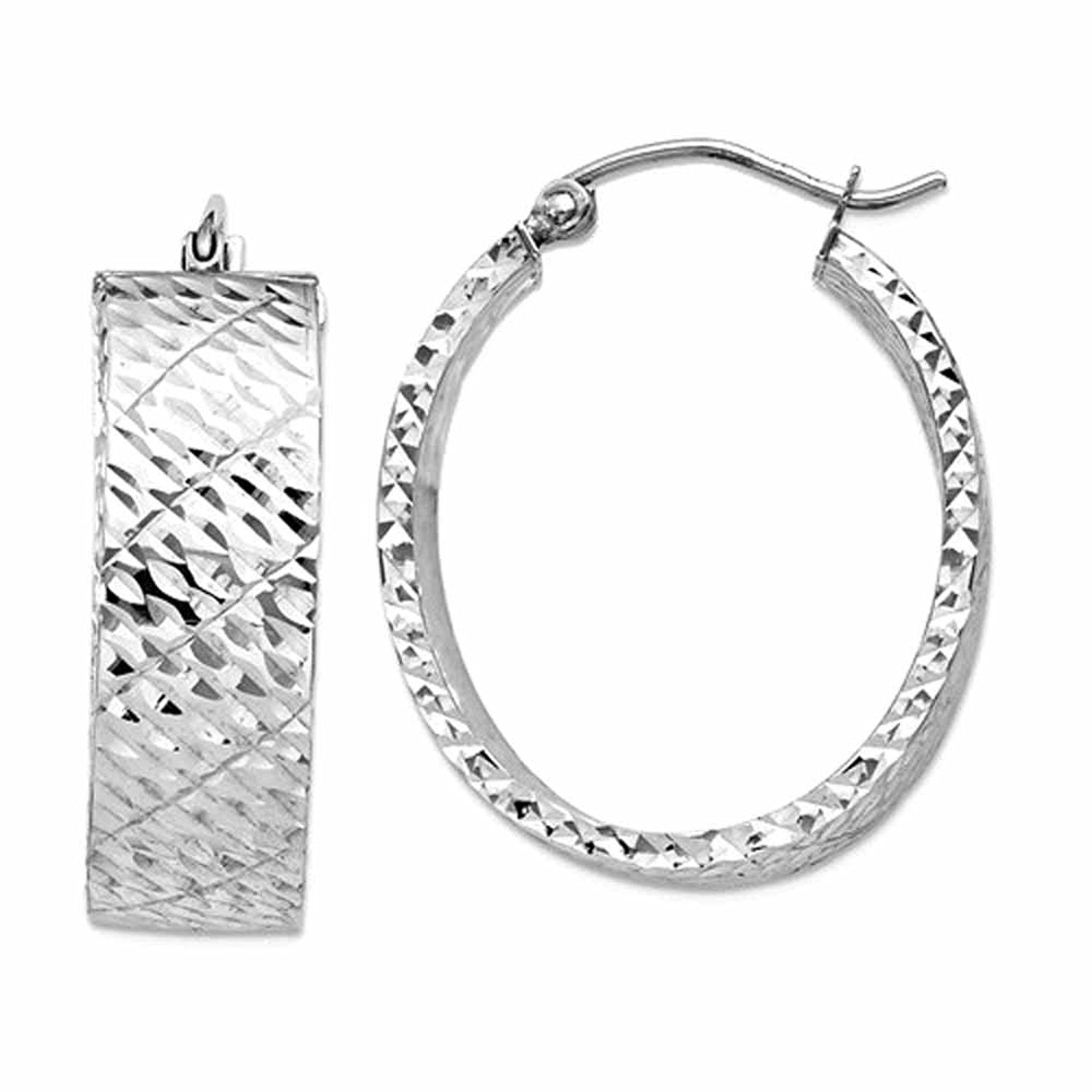 14K White Gold Diamond Cut Modern Contemporary Textured Oval Hoop Earrings