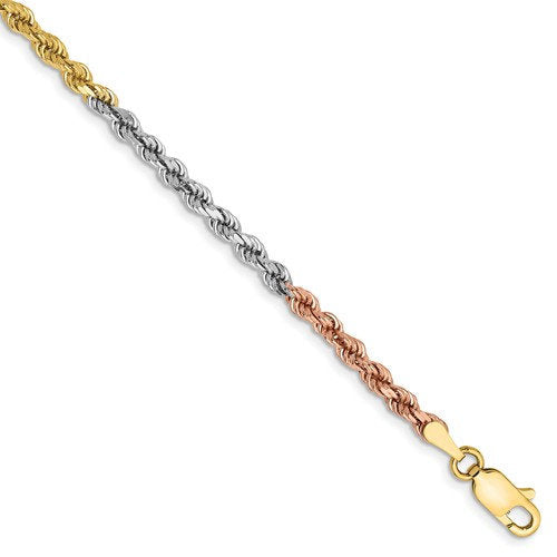 14k yellow white rose gold tri color 2.9mm diamond cut rope bracelet anklet choker necklace chain