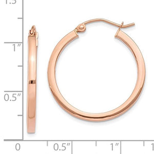 14K Rose Gold Classic Square Tube Round Hoop Earrings 25mm x 2mm