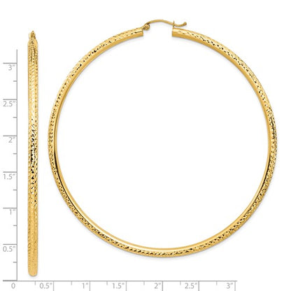 14k yellow gold 3 inch diameter extra large giant gigantic diamond cut round classic hoop earrings lightweight 78mm x 3mm
