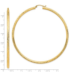 14K Yellow Gold 3 inch Diameter Extra Large Giant Gigantic Diamond Cut Round Classic Hoop Earrings Lightweight 78mm x 3mm