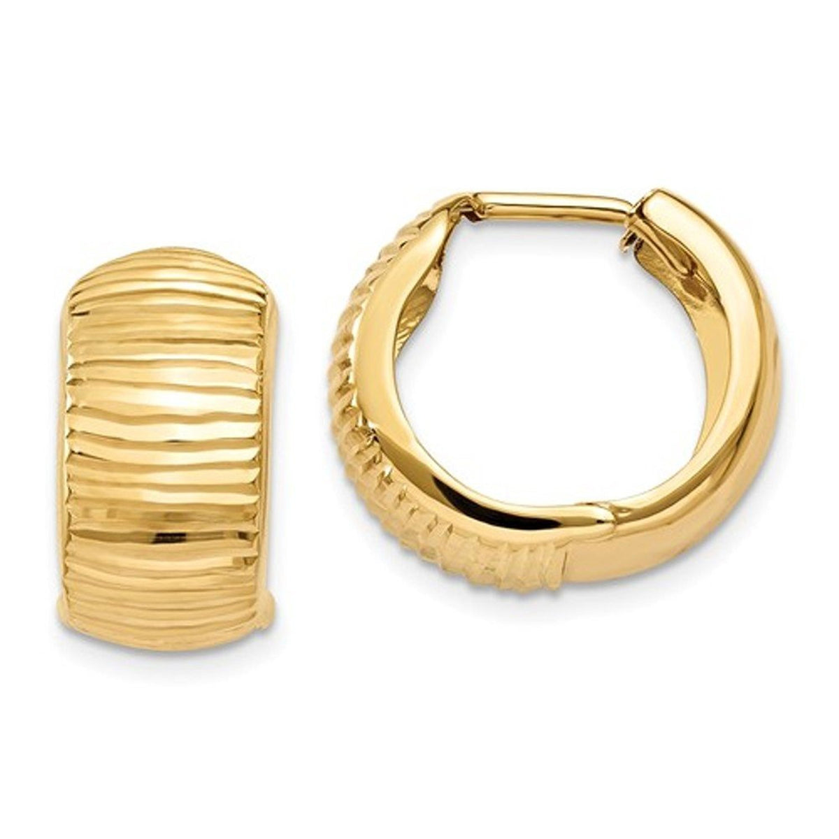 14k yellow gold textured huggie hinged hoop earrings 15mm x 15mm x 7mm