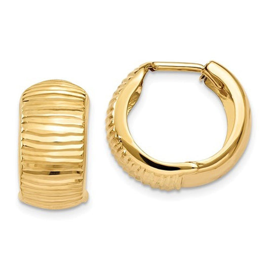 14k yellow gold textured huggie hinged hoop earrings 15mm x 15mm x 7mm