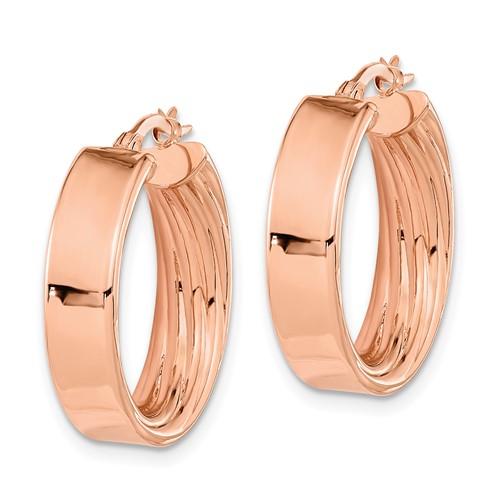 14k rose gold round square tube textured inside diamond cut hoop earrings 21mm x 5.5mm