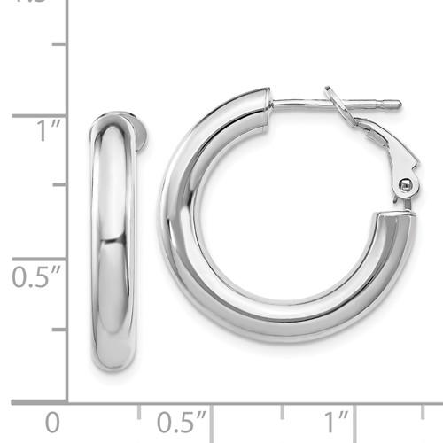 14k white gold round omega back hoop earrings 22mm x 4mm