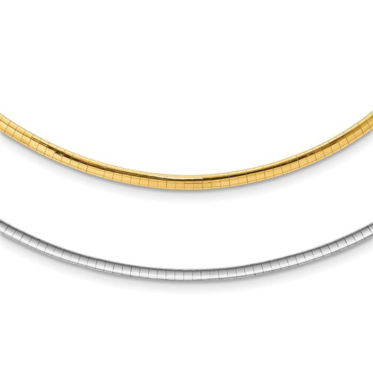 14k yellow white gold two tone 3mm reversible domed omega necklace choker pendant chain 16 or 18 inches with 2 inch extender