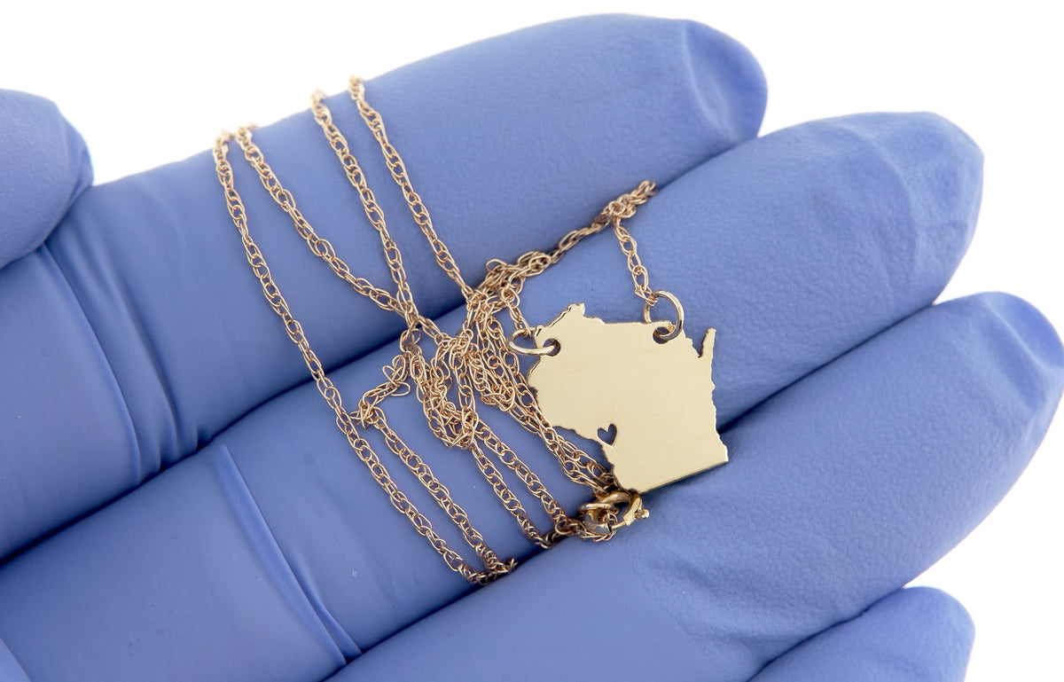 14k gold 10k gold silver wisconsin wi state map necklace heart personalized city