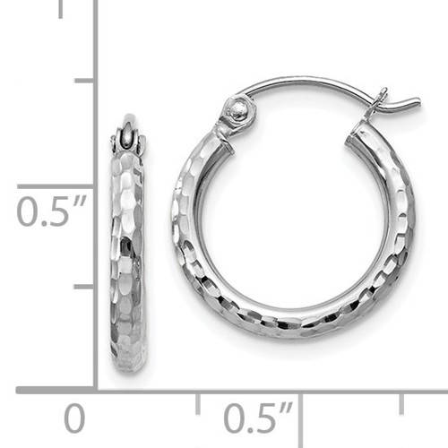 14k White Gold Diamond Cut Round Hoop Earrings 15mm x 2mm