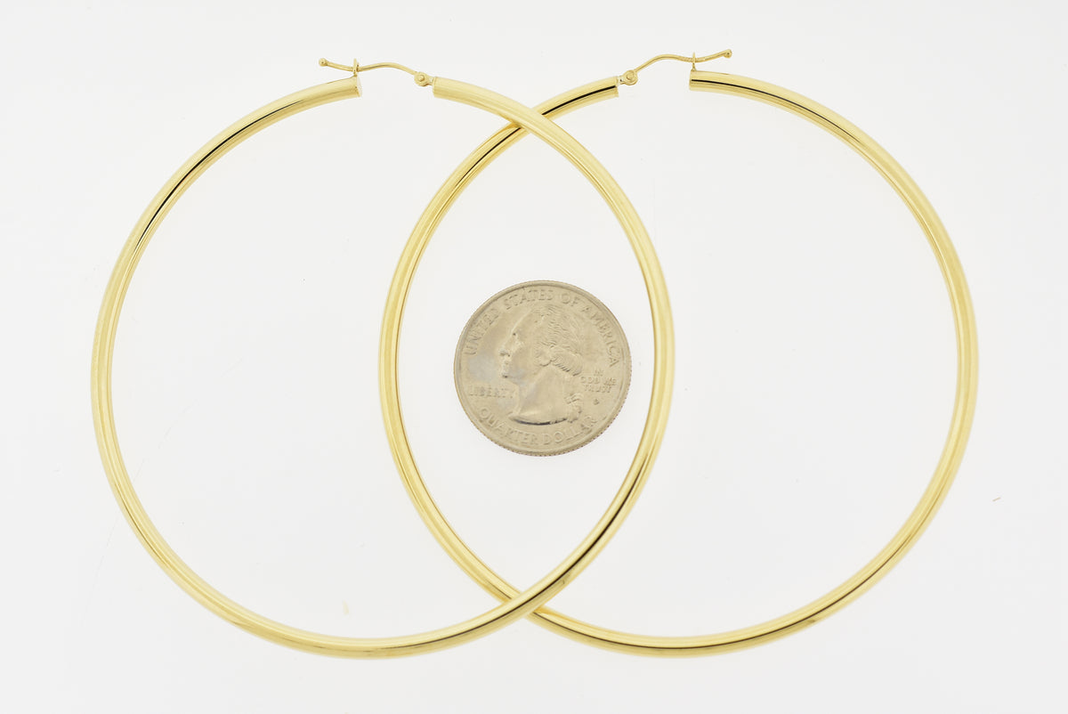 14k yellow gold 3 inch diameter extra large giant gigantic round classic hoop earrings lightweight 78mm x 3mm