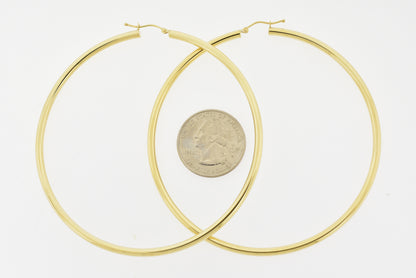 14k yellow gold 3 inch diameter extra large giant gigantic round classic hoop earrings lightweight 78mm x 3mm