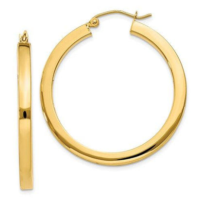 14k yellow gold square tube round hoop earrings 35mm x 3mm