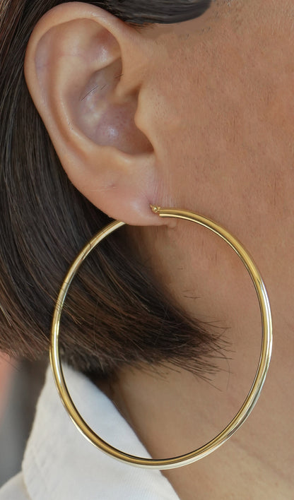 14k yellow gold 69mm x 3mm extra large round classic hoop earrings lightweight