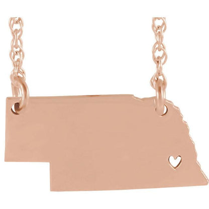 14k gold 10k gold silver nebraska ne state map necklace heart personalized city