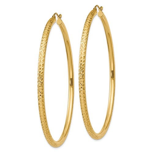 14k yellow gold 2.56 inch diameter large diamond cut round classic hoop earrings 65mm x 3mm