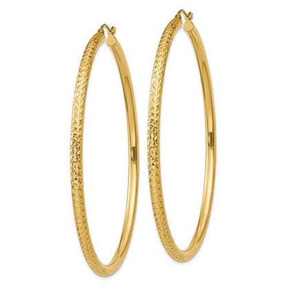 14k yellow gold 2.56 inch diameter large diamond cut round classic hoop earrings 65mm x 3mm