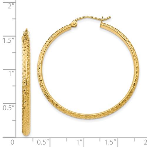 14k yellow gold diamond cut round hoop earrings 37mm x 2.5mm