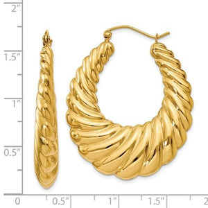 14K Yellow Gold Shrimp Scalloped Hollow Classic Hoop Earrings 32mm