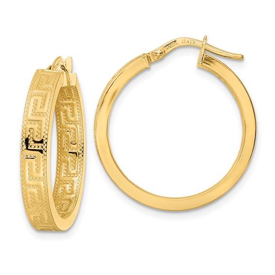 14k yellow gold greek key square tube round hoop earrings