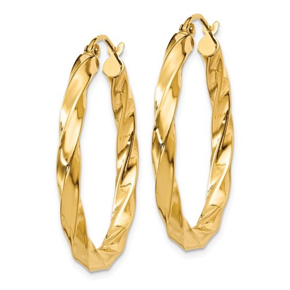 14k yellow gold twisted modern classic round hoop earrings 30mm x 3mm