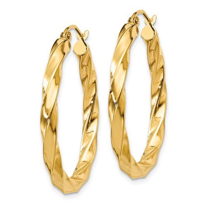 14k yellow gold twisted modern classic round hoop earrings 30mm x 3mm