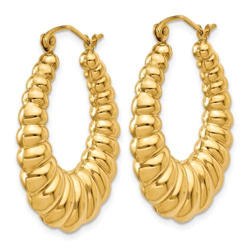 10K Yellow Gold Shrimp Scalloped Twisted Classic Hoop Earrings 30mm x 23mm
