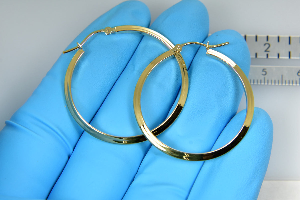 14k yellow gold round knife edge hoop earrings 30mm x 2.25mm