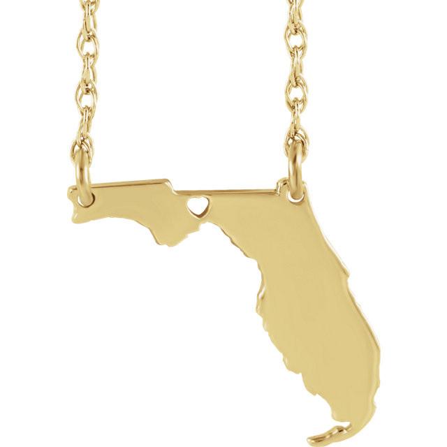 14k gold 10k gold silver florida fl state map necklace heart personalized city
