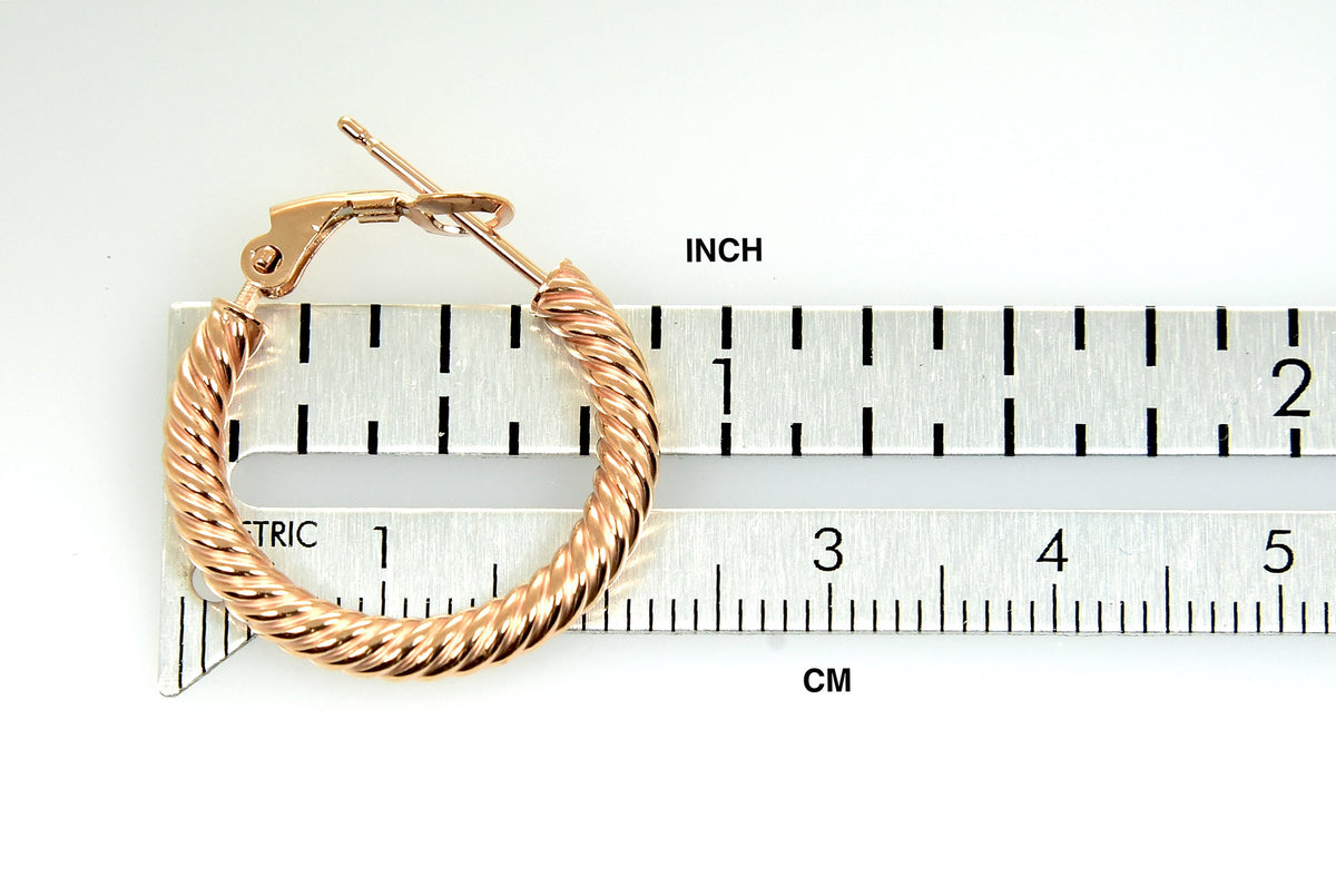 14k rose gold twisted round omega back hoop earrings 20mm x 3mm