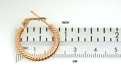 14k rose gold twisted round omega back hoop earrings 20mm x 3mm