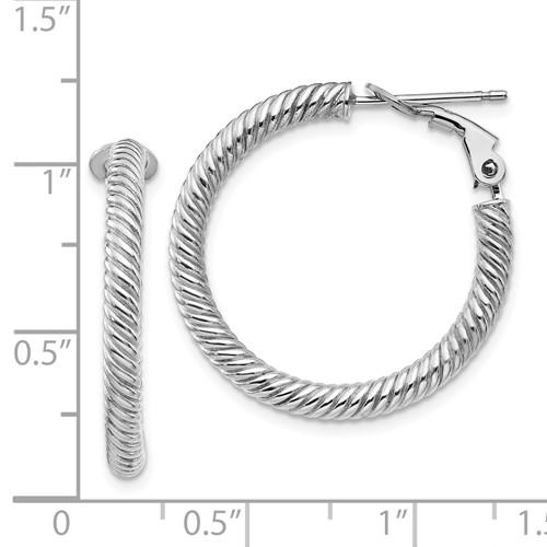 14k white gold twisted round omega back hoop earrings 25mm x 3mm