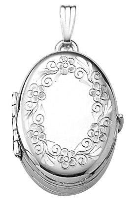 14K White Gold 23mm x 19mm Floral Oval Photo Locket Pendant Charm Engraved Personalized Monogram
