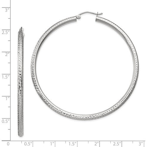14K White Gold 2.36 inch Diameter Large Diamond Cut Round Classic Hoop Earrings 60mm x 3mm