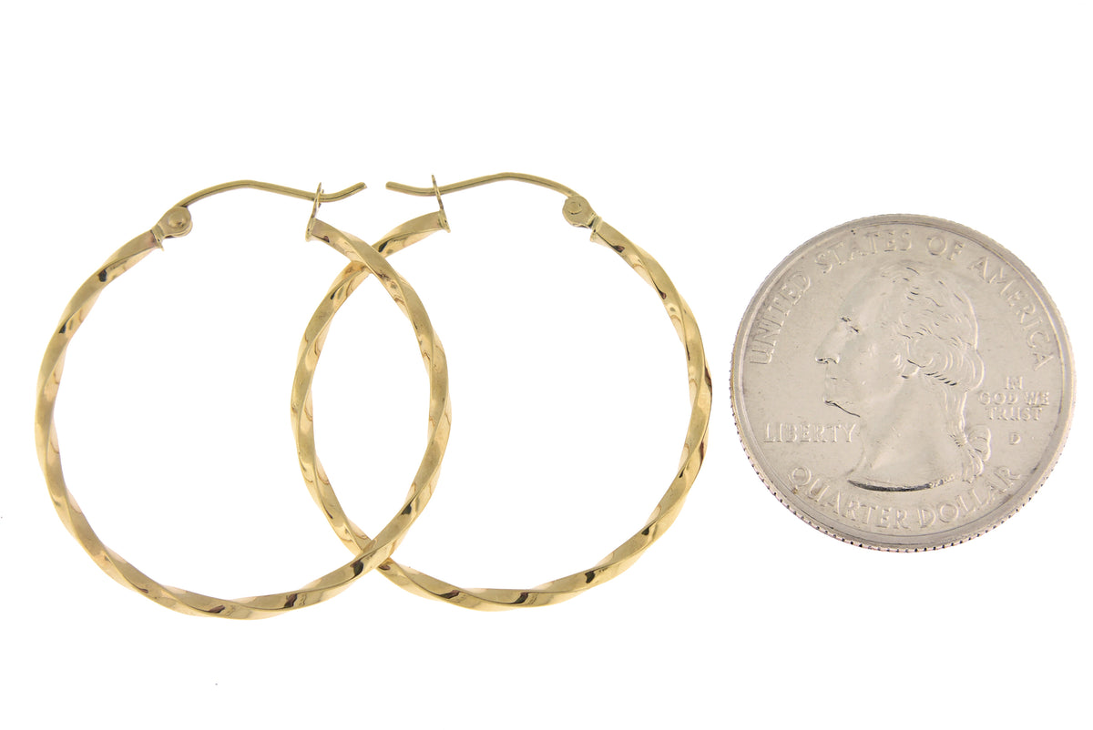 14k yellow gold twisted modern classic round hoop earrings 30mm x 2mm