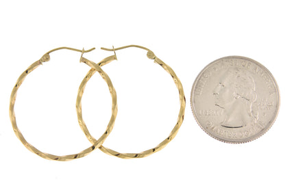 14k yellow gold twisted modern classic round hoop earrings 30mm x 2mm