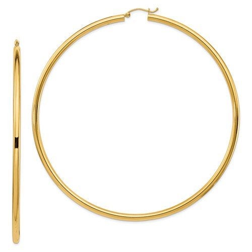 14K Yellow Gold 3.5 inch Diameter Extra Large Giant Gigantic Round Classic Hoop Earrings 89mm x 3mm