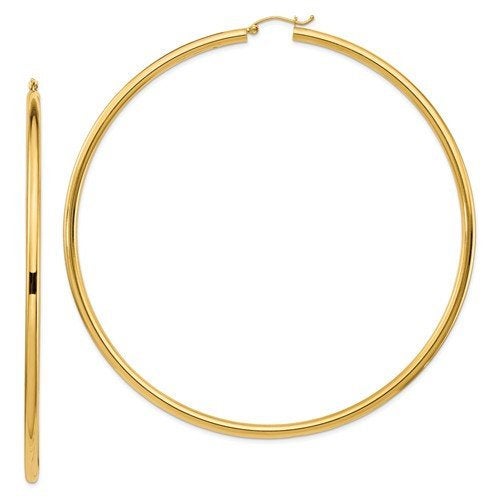 14k yellow gold 3.5 inch diameter extra large giant gigantic round classic hoop earrings 89mm x 3mm