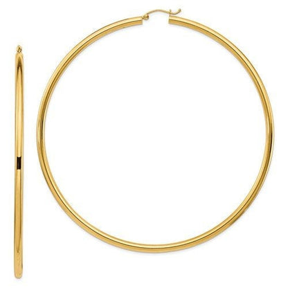 14k yellow gold 3.5 inch diameter extra large giant gigantic round classic hoop earrings 89mm x 3mm