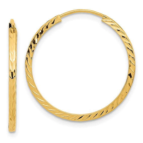 14k yellow gold diamond cut square tube round endless hoop earrings 24mm x 1.35mm