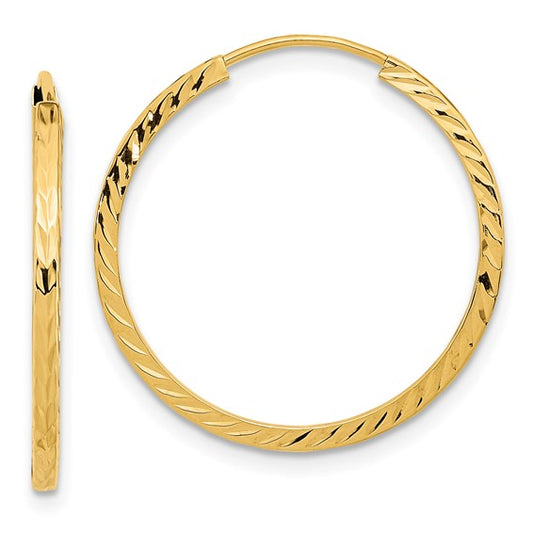14k yellow gold diamond cut square tube round endless hoop earrings 24mm x 1.35mm
